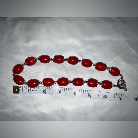 RED CORAL & SILVER TONE BEADED COLLAR NECKLACE 7.5” - Picture 7 of 8